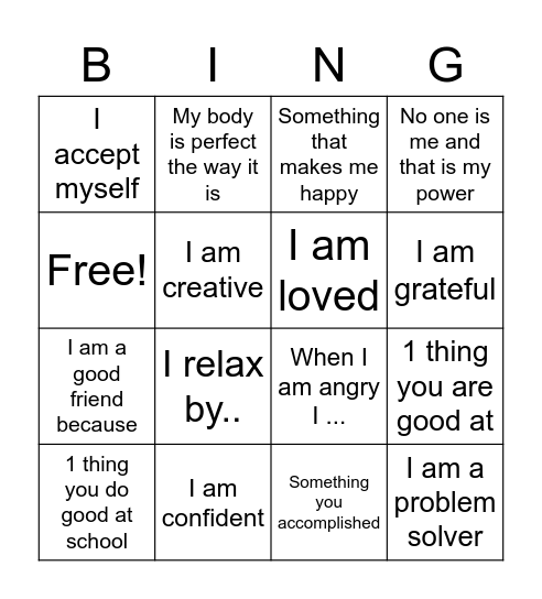 Self Esteem Sunday Bingo Card