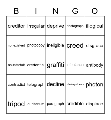 Vocabulary Bingo Card