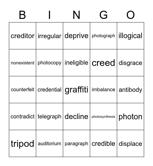 Vocabulary Bingo Card