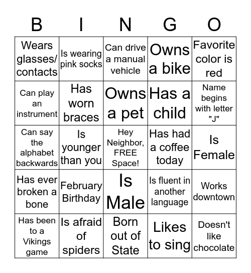 Meet Your Neighbor! Bingo Card