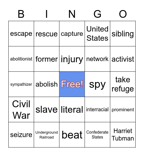 Underground Railroad & Harriet Tubman Bingo Card