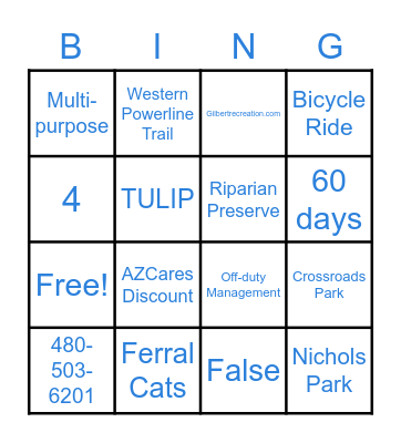 Gilbert Parks & Rec Bingo Card
