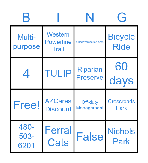 Gilbert Parks & Rec Bingo Card