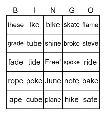 Vowel consonant e Bingo Card