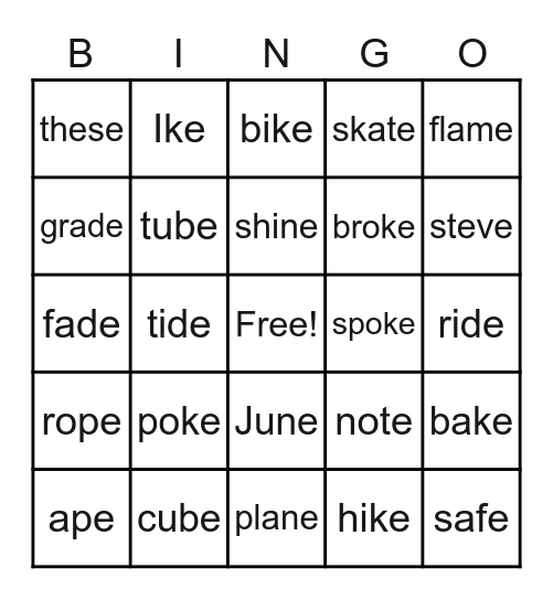 Vowel consonant e Bingo Card