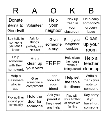 Random Acts Of Kindness Bingo Card