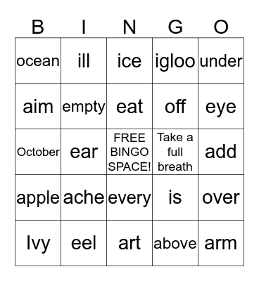 Easy Onset Bingo Card