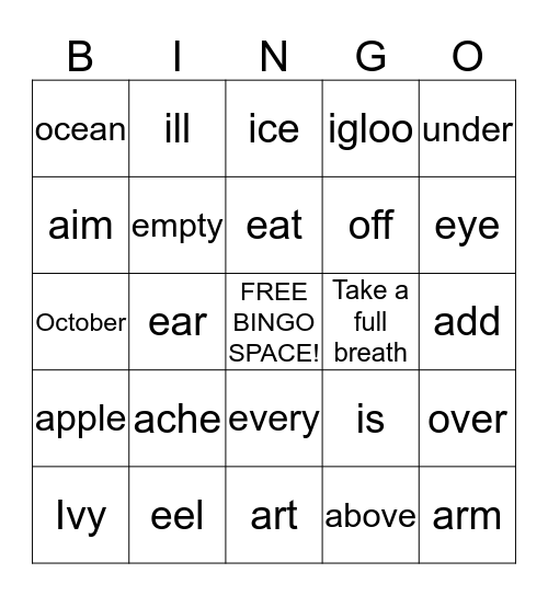 Easy Onset Bingo Card