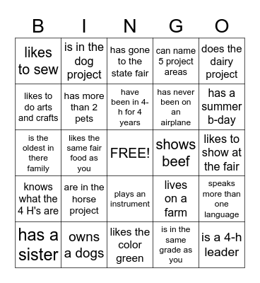 4-H/ Get to know you Bingo Card
