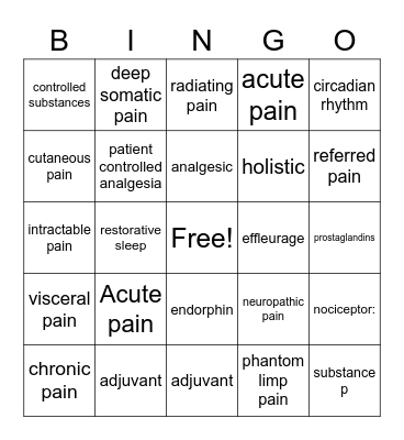 Pain management, Rest, and Restorative Sleep Bingo Card