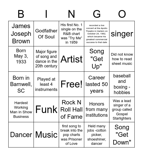 James Brown Bingo Card
