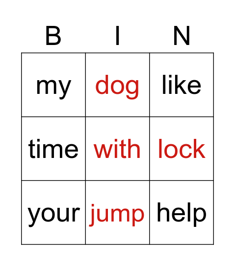 Spelling Words Bingo Card
