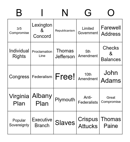 U.S. History Semester 1 Bingo Card