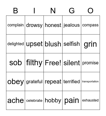 Vocabulary Bingo Card