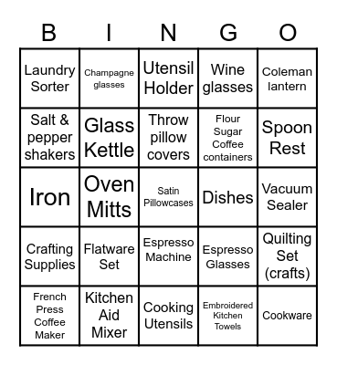 Kali's Bridal Shower Bingo Card