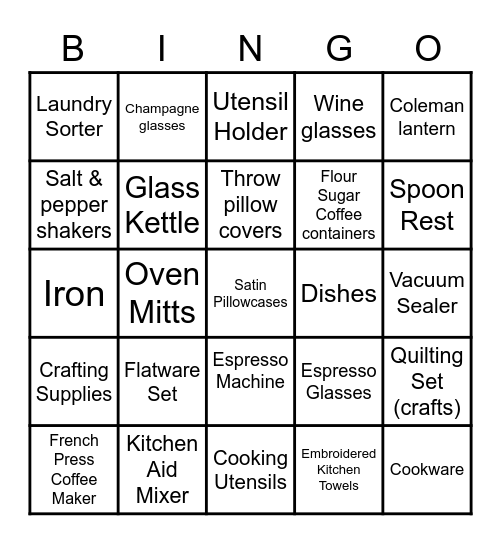 Kali's Bridal Shower Bingo Card