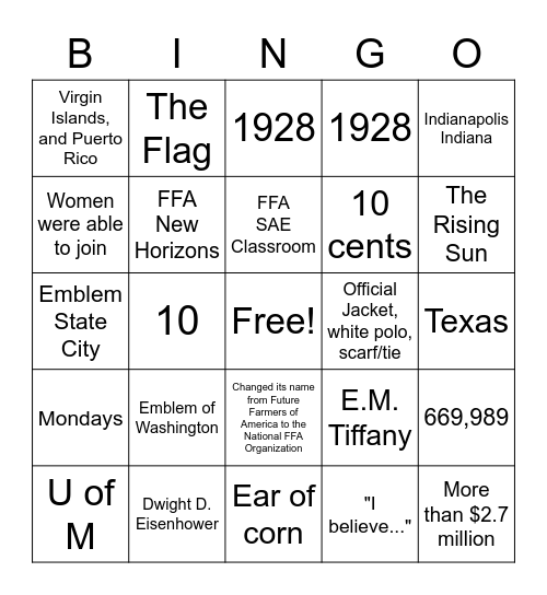 FFA Bingo Card