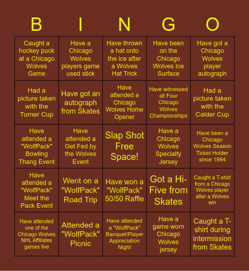 "The WolfPack Fun Hockey!" Bingo Card