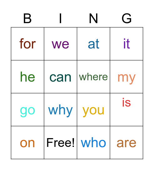 Sight Word Bingo Card