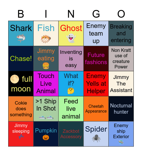 Wild Kratts Creepy Creatures Bingo Card