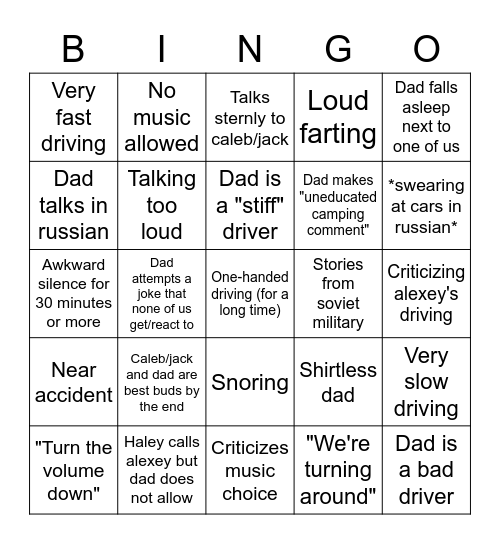 Road Trip Bingo Card