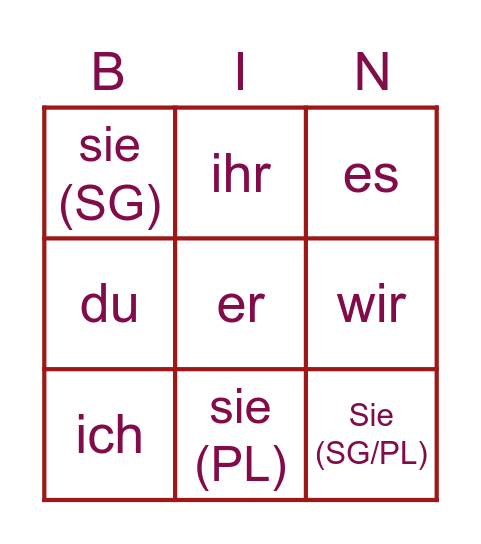 Deutsch Personalpronomen Bingo Card
