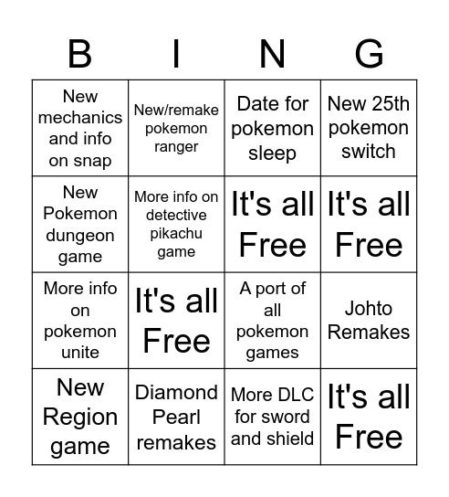 Pokemon Direct Bingo Card