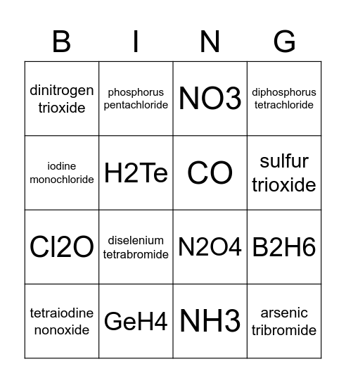 Covalent Compound Bingo Card