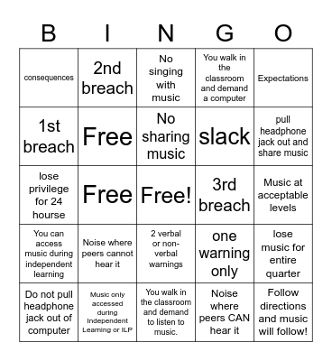 Music Expectations Bingo Card