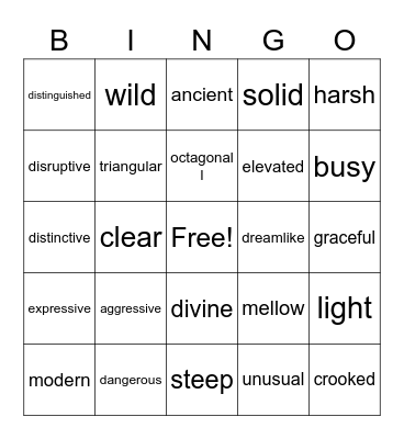 Descriptive Vocabulary Bingo Card