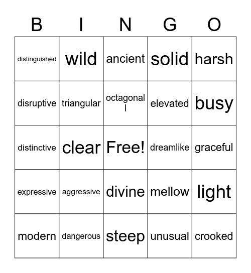 Descriptive Vocabulary Bingo Card