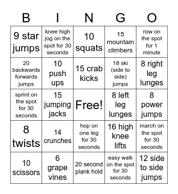 Fitness Bingo Card