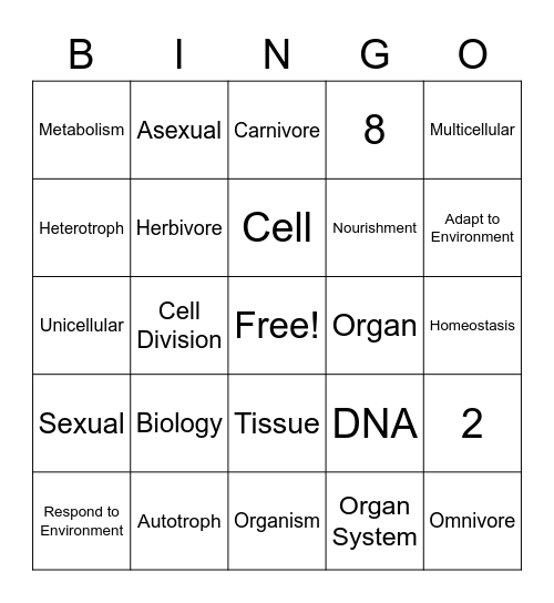 Living Things Bingo Card