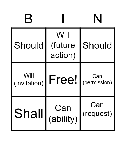 Modal Verbs Bingo Card