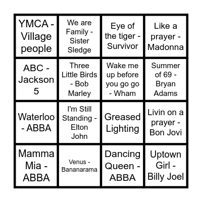 Musical Bingo Card