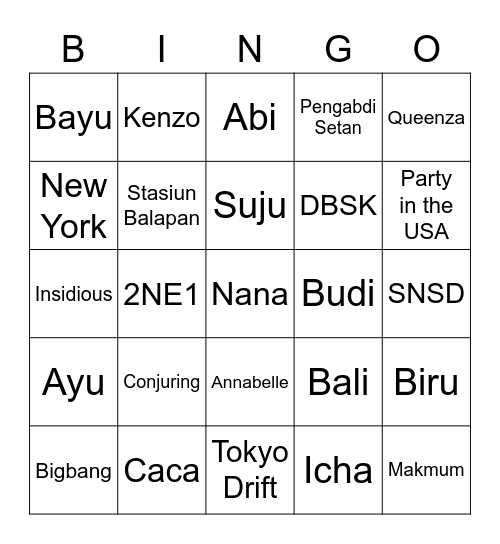 Jebi Bingo Card