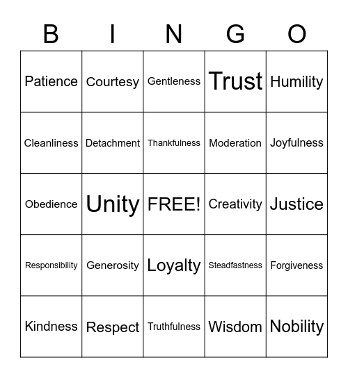 Virtues Bingo Card