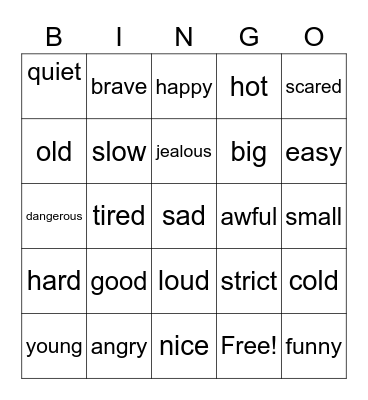 Adjectives Bingo Card