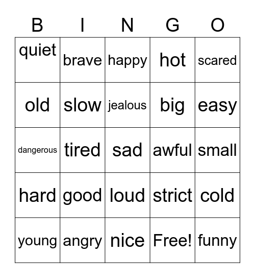 Adjectives Bingo Card