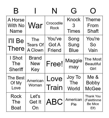 70s Billboard #1's Bingo Card