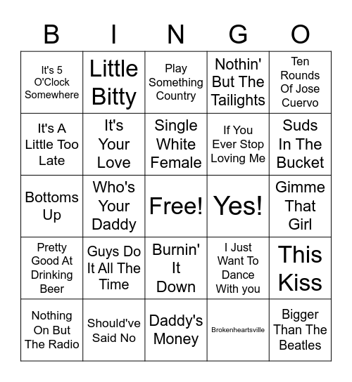 Country Music Billboard #1's Bingo Card