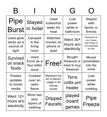 Texas Energy Crisis Snowpocalypse Bingo Card