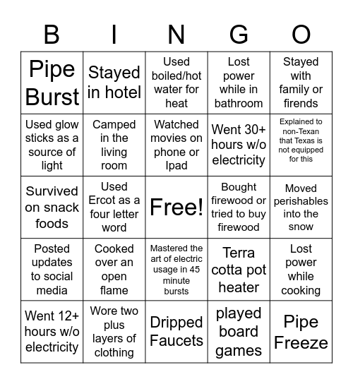 Texas Energy Crisis Snowpocalypse Bingo Card