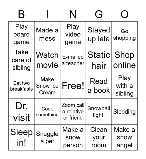 Snow Day Bingo Card