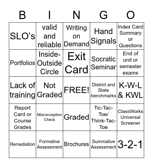 Formative Vs. Summative Assessment Bingo Card