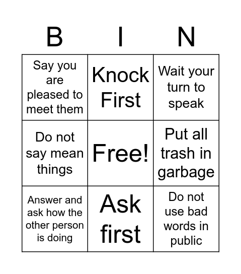 Manners Bingo Card