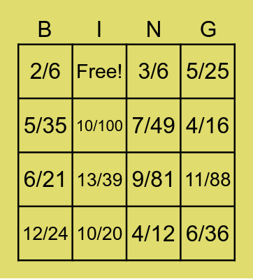 Simplest Form of Fraction Bingo Card