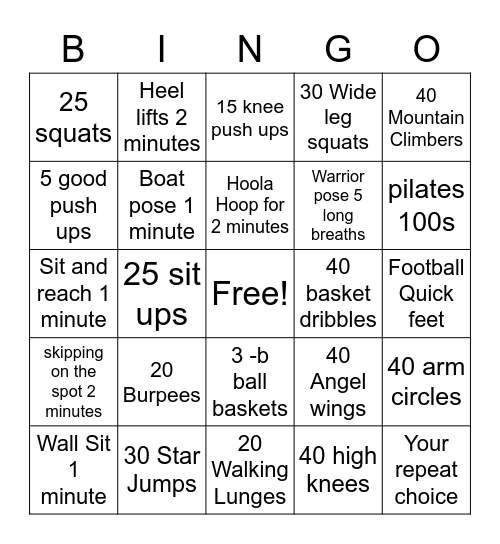 Fitness Bingo Card