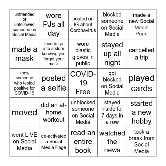 Quarantine BINGO Card