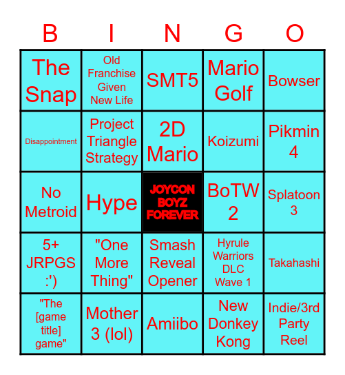 Nintendo E3 Showcase Bingo Card